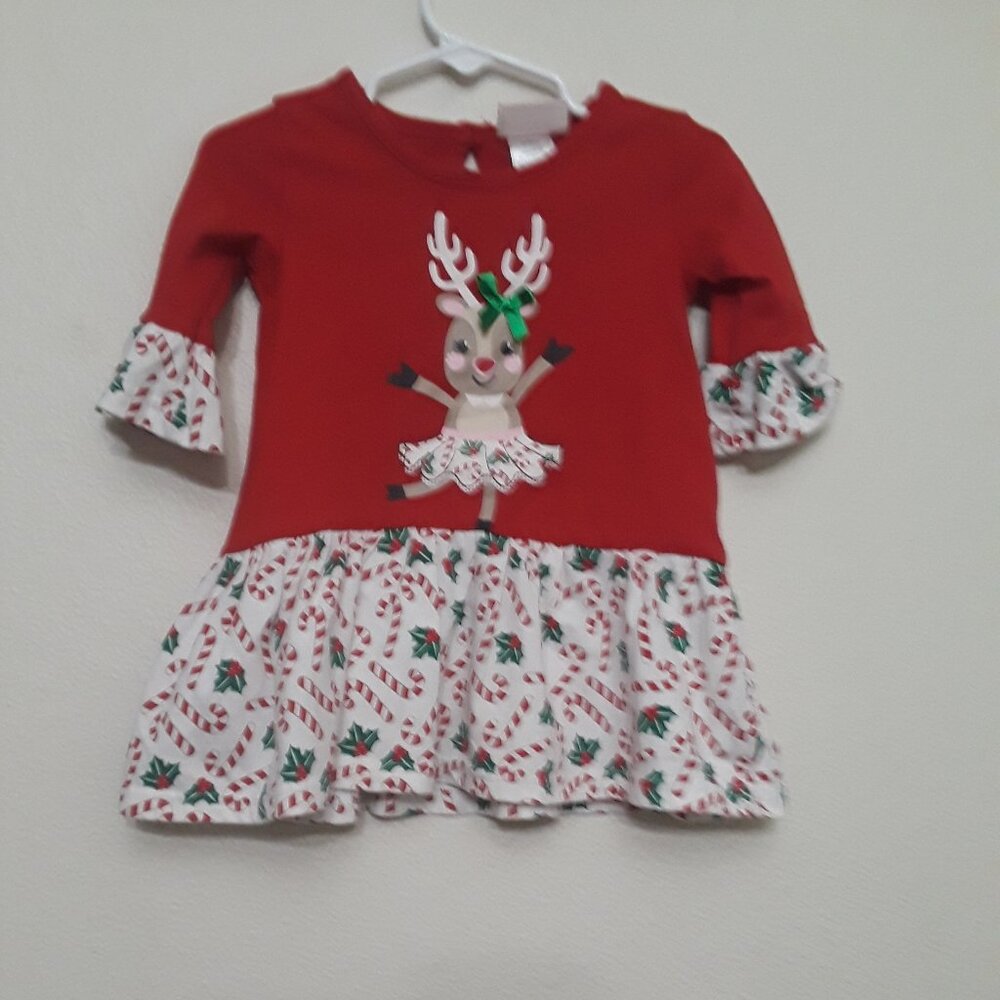 Little Lass  Red And White Casual Dress With Raindeer